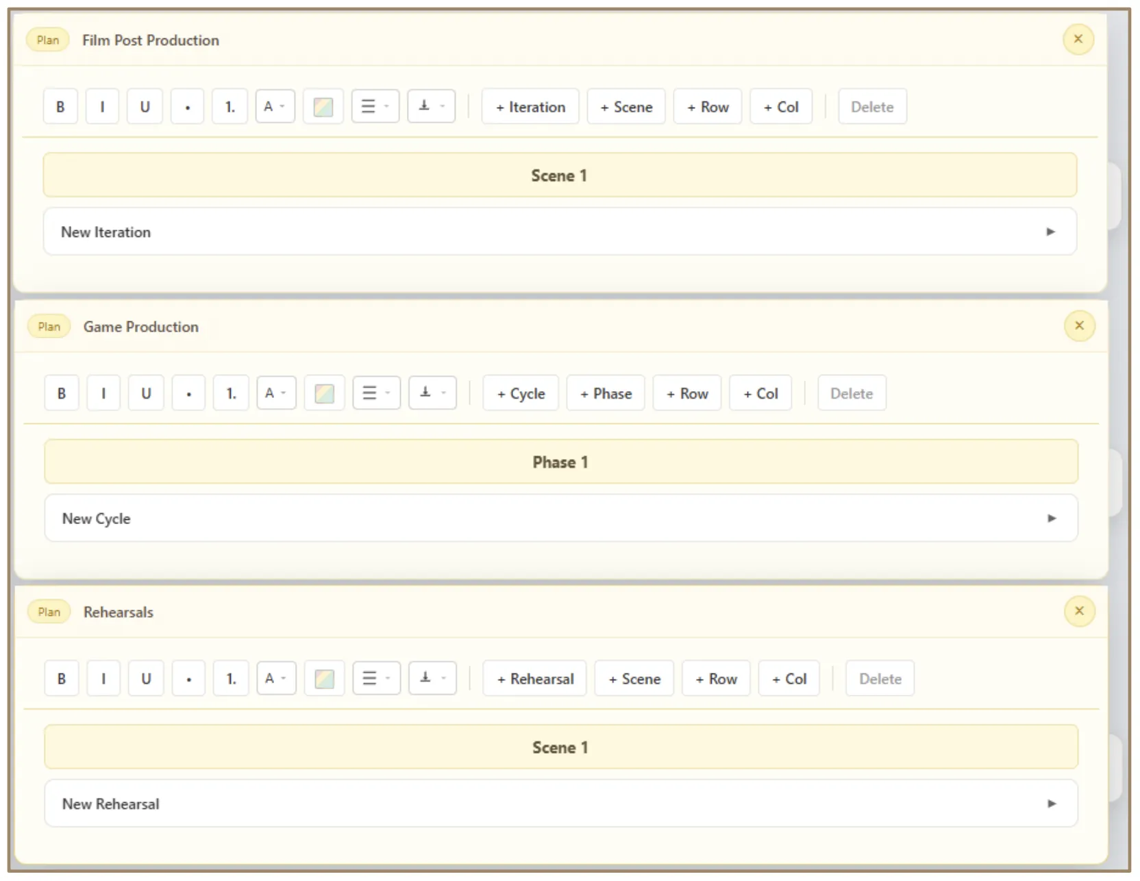 Film Post Production, Game Production, and Rehearsals plans stacked together